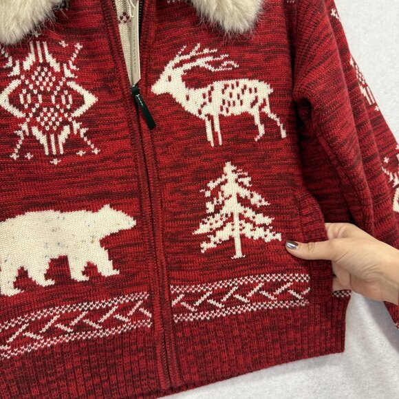 Sundance Sweater Womens Small Red Zip Cardigan Faux Fur Collar Wool Blend Nordic - Picture 6 of 9